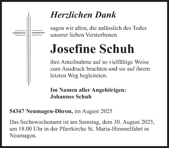 Traueranzeige von Josefine Schuh von trierischer_volksfreund