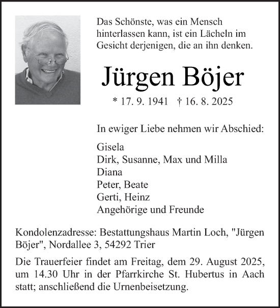 Traueranzeige von Jürgen Böjer von trierischer_volksfreund
