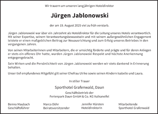 Traueranzeige von Jürgen Jablonowski von trierischer_volksfreund