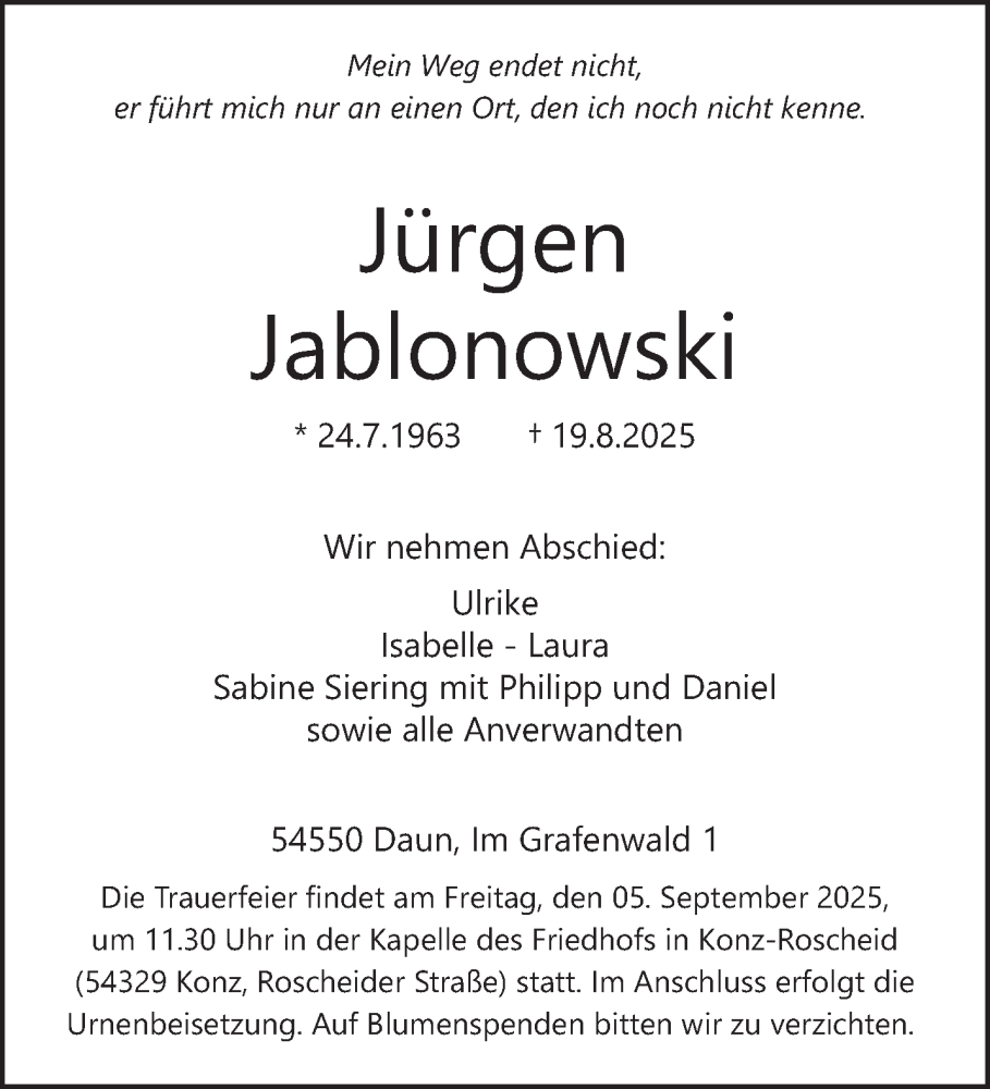  Traueranzeige für Jürgen Jablonowski vom 30.08.2025 aus trierischer_volksfreund