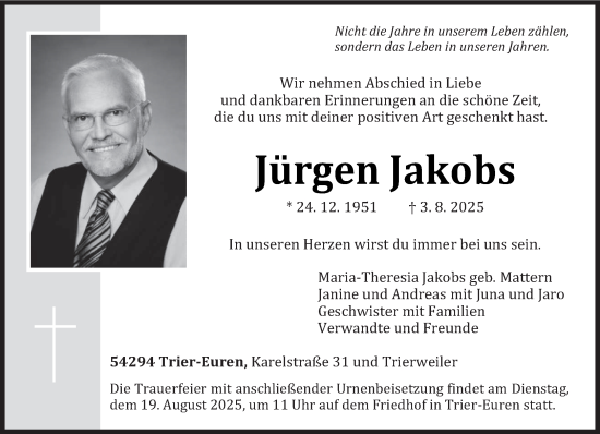 Traueranzeige von Jürgen Jakobs von trierischer_volksfreund