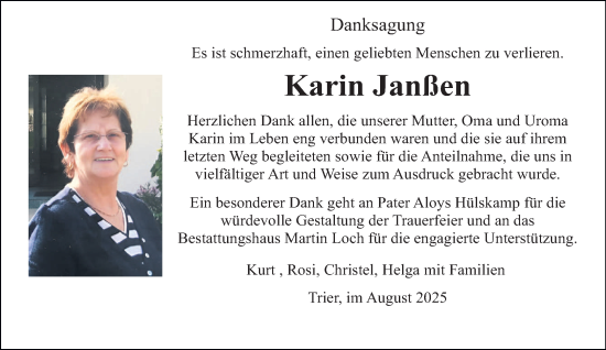 Traueranzeige von Karin Janßen von trierischer_volksfreund