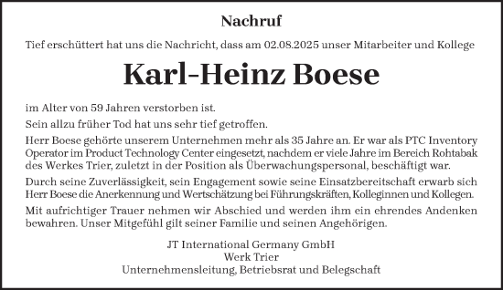 Traueranzeige von Karl-Heinz Boese von trierischer_volksfreund