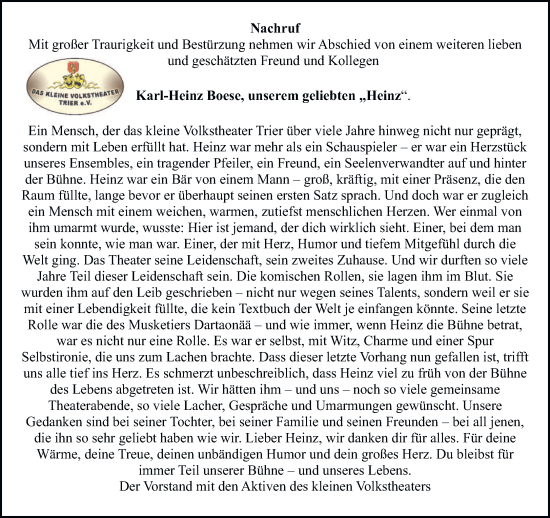 Traueranzeige von Karl-Heinz Boese von trierischer_volksfreund