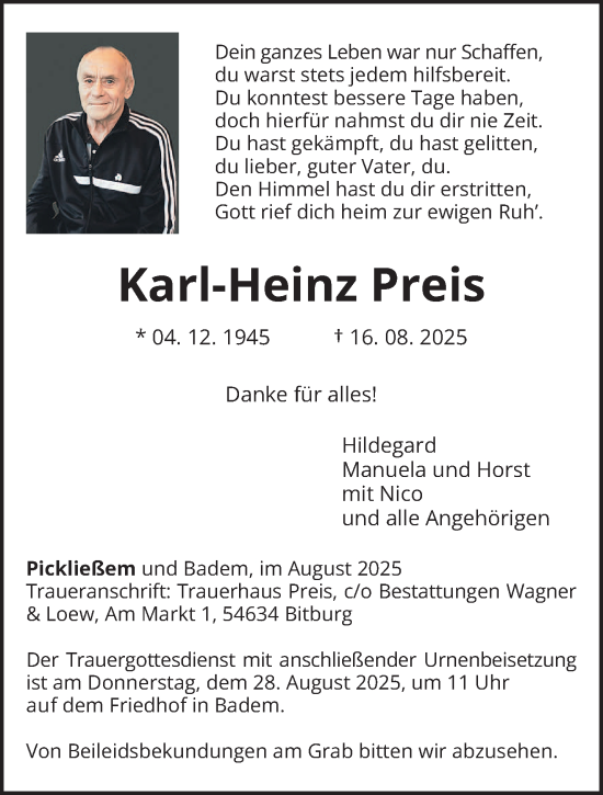 Traueranzeige von Karl-Heinz Preis von trierischer_volksfreund