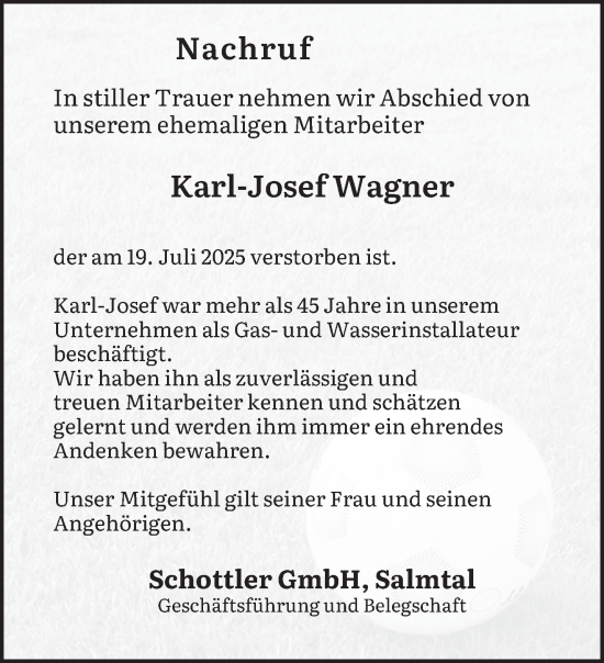 Traueranzeige von Karl-Josef Wagner von trierischer_volksfreund