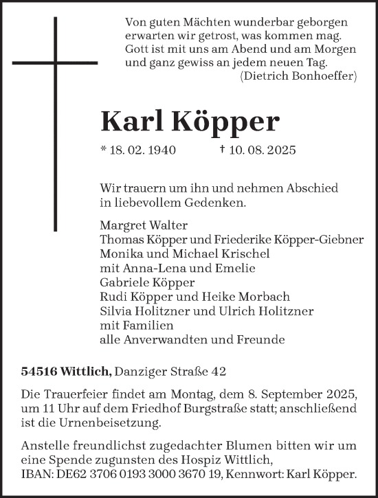 Traueranzeige von Karl Köpper von trierischer_volksfreund