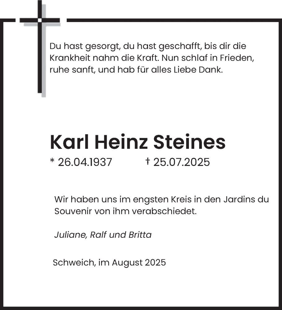  Traueranzeige für Karl Heinz Steines vom 09.08.2025 aus trierischer_volksfreund