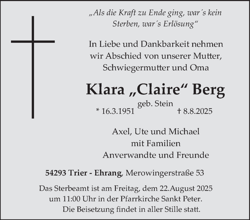  Traueranzeige für Klara Berg vom 16.08.2025 aus trierischer_volksfreund
