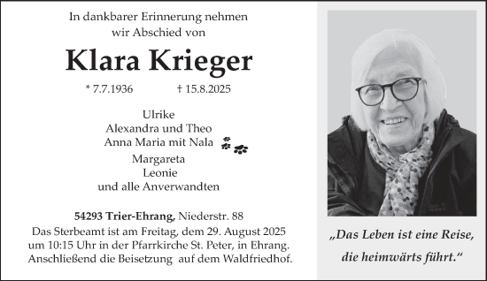 Traueranzeige von Klara Krieger von trierischer_volksfreund