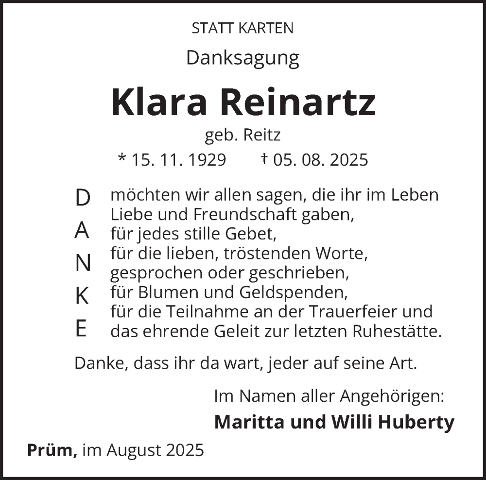  Traueranzeige für Klara Reinartz vom 30.08.2025 aus trierischer_volksfreund
