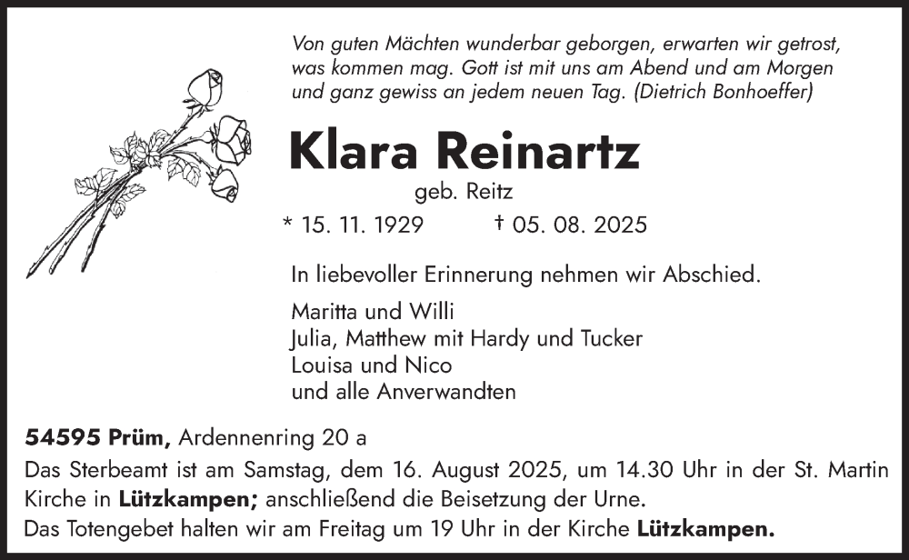  Traueranzeige für Klara Reinartz vom 13.08.2025 aus trierischer_volksfreund