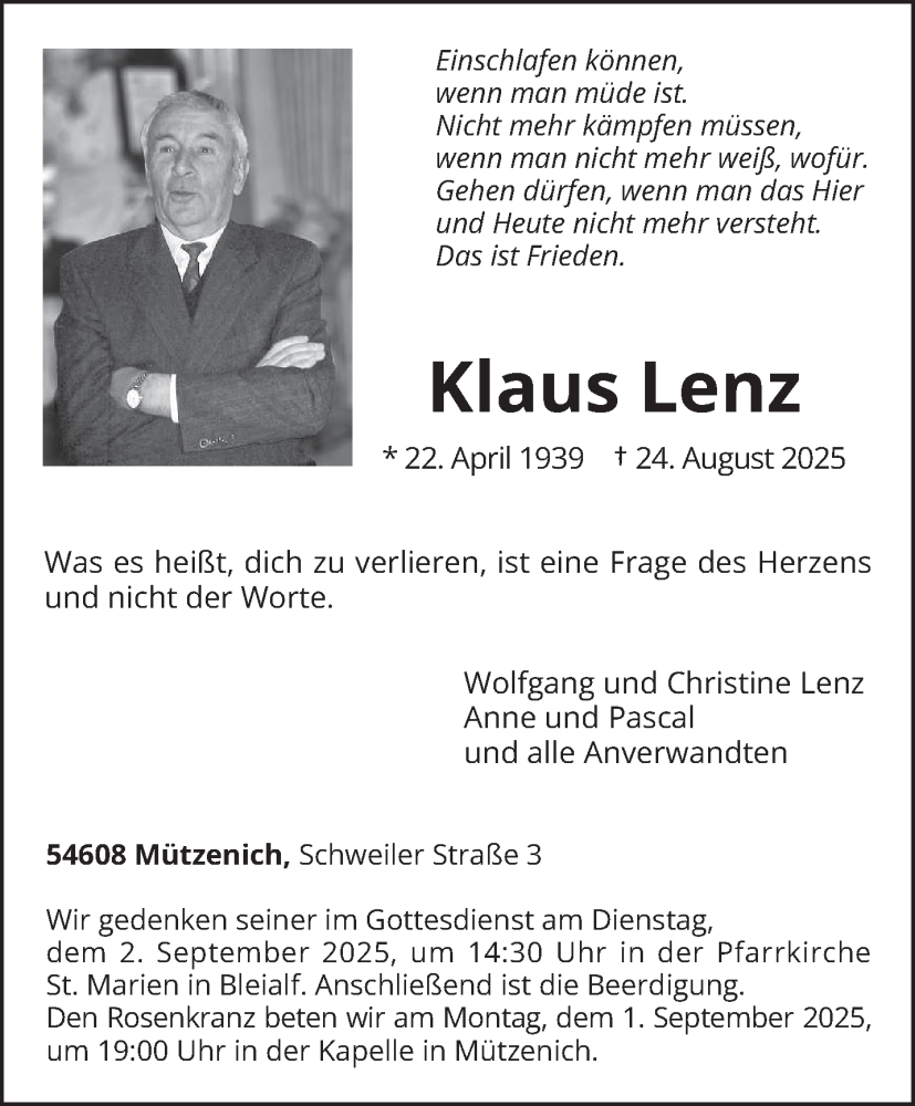  Traueranzeige für Klaus Lenz vom 27.08.2025 aus trierischer_volksfreund