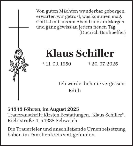 Traueranzeige von Klaus Schiller von trierischer_volksfreund