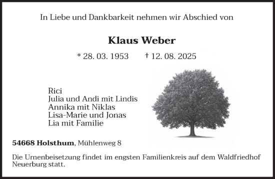 Traueranzeige von Klaus Weber von trierischer_volksfreund