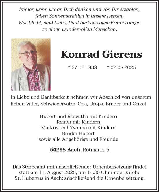 Traueranzeige von Konrad Gierens von trierischer_volksfreund