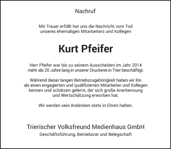 Traueranzeige von Kurt Pfeifer von trierischer_volksfreund