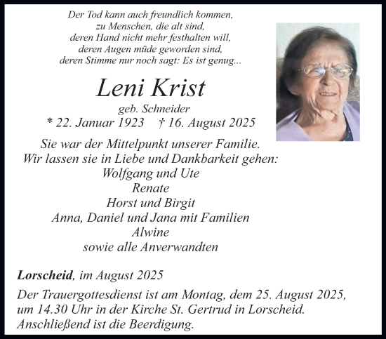 Traueranzeige von Leni Krist von trierischer_volksfreund