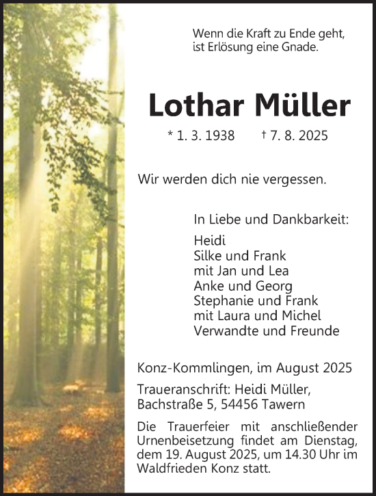 Traueranzeige von Lothar Müller von trierischer_volksfreund