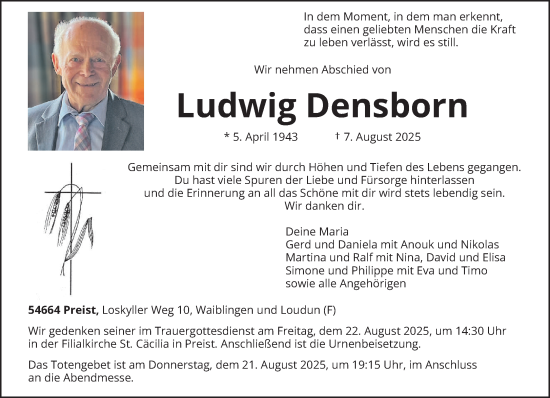 Traueranzeige von Ludwig Densborn von trierischer_volksfreund