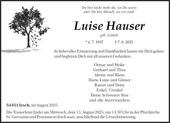 Traueranzeige von Luise Hauser von trierischer_volksfreund