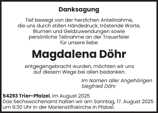 Traueranzeige von Magdalena Döhr von trierischer_volksfreund