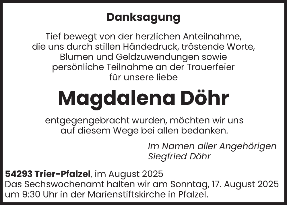  Traueranzeige für Magdalena Döhr vom 09.08.2025 aus trierischer_volksfreund