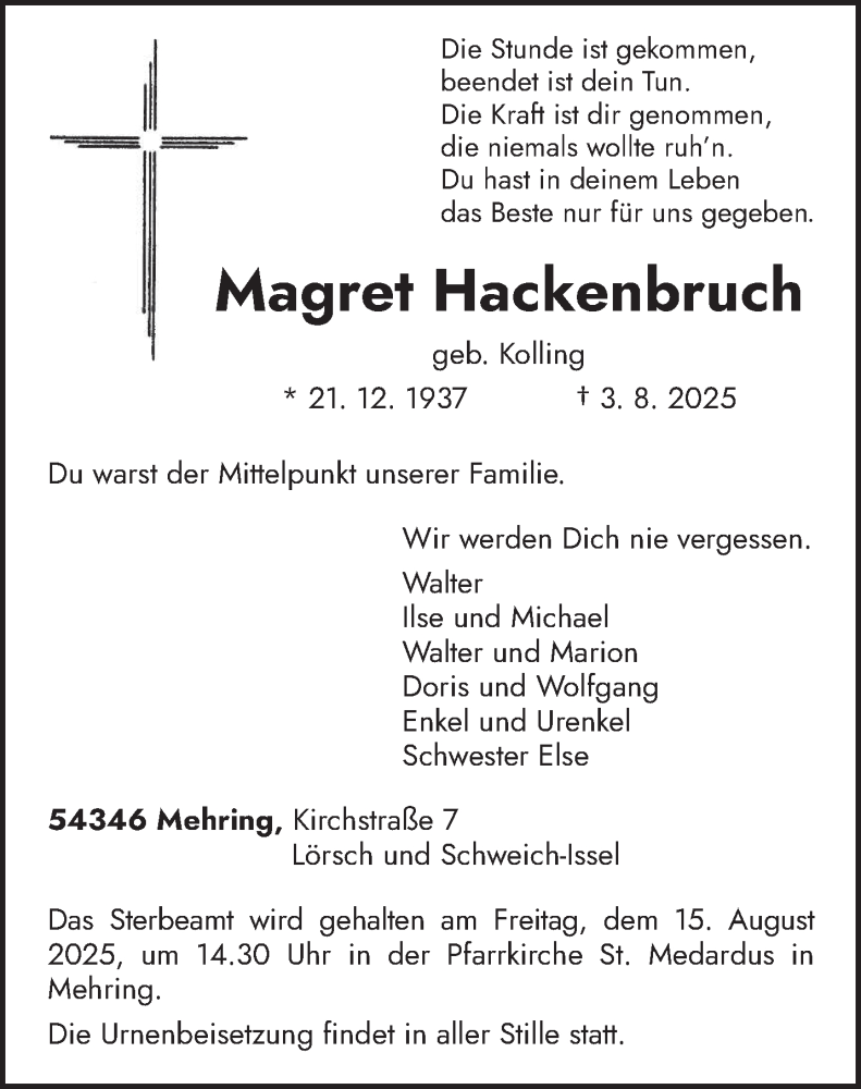  Traueranzeige für Magret Hackenbruch vom 09.08.2025 aus trierischer_volksfreund
