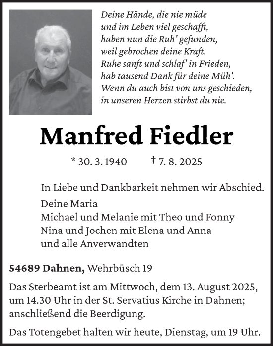 Traueranzeige von Manfred Fiedler von trierischer_volksfreund