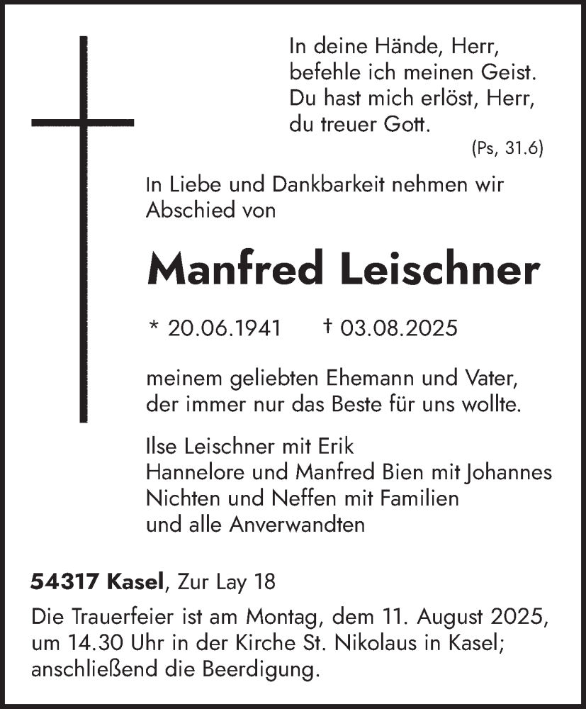  Traueranzeige für Manfred Leischner vom 07.08.2025 aus trierischer_volksfreund