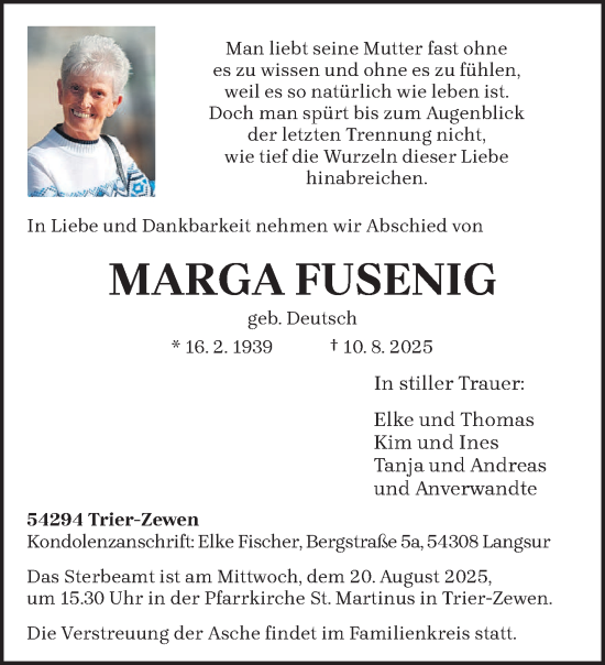 Traueranzeige von Marga Fusenig von trierischer_volksfreund