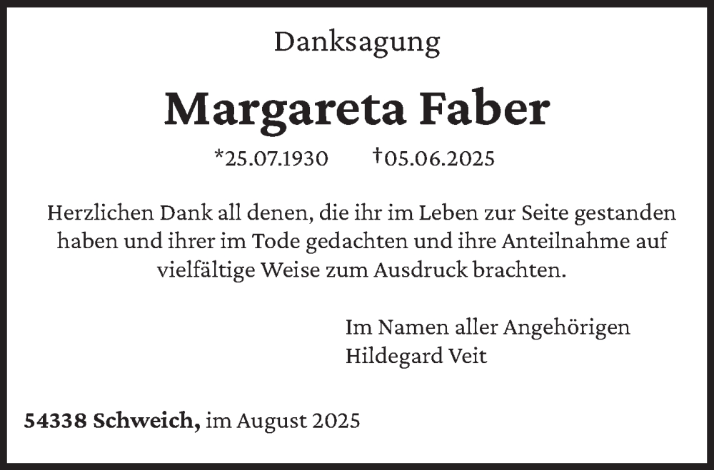  Traueranzeige für Margareta Faber vom 02.08.2025 aus trierischer_volksfreund