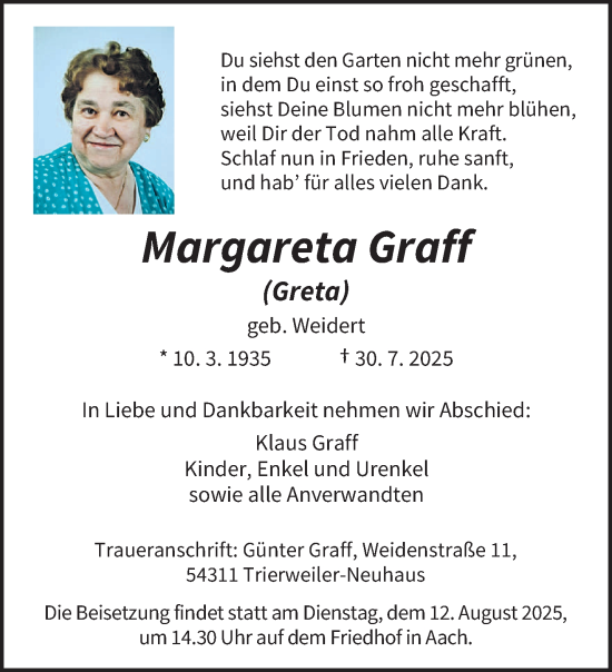 Traueranzeige von Margareta Graff von trierischer_volksfreund