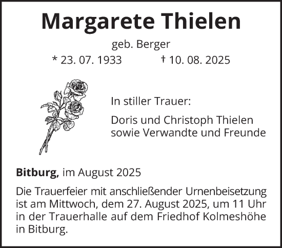 Traueranzeige von Margarete Thielen von trierischer_volksfreund