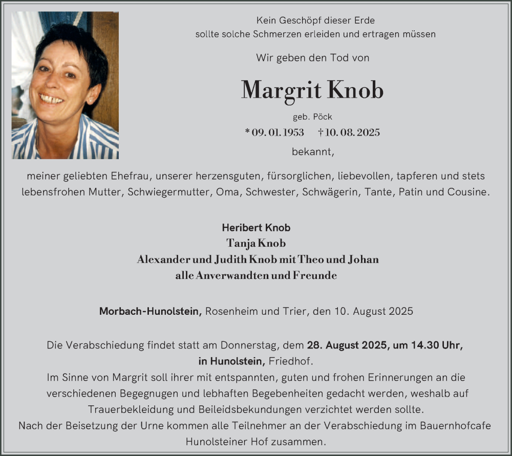  Traueranzeige für Margrit Knob vom 16.08.2025 aus trierischer_volksfreund