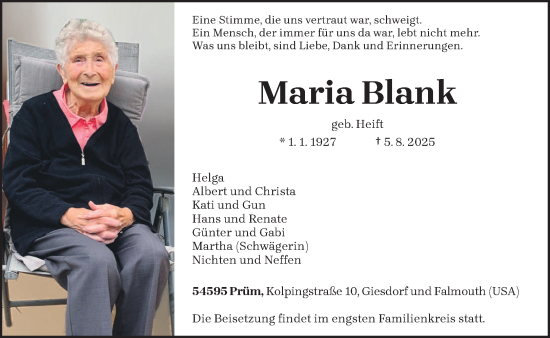 Traueranzeige von Maria Blank von trierischer_volksfreund