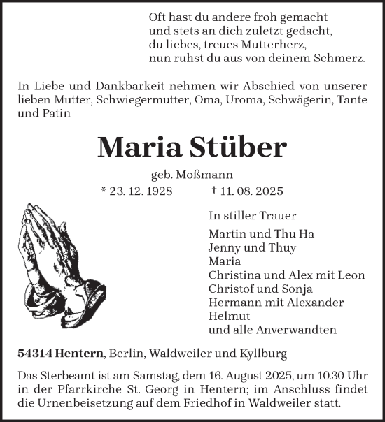 Traueranzeige von Maria Stüber von trierischer_volksfreund