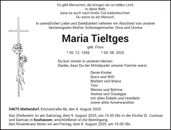 Traueranzeige von Maria Tieltges von trierischer_volksfreund