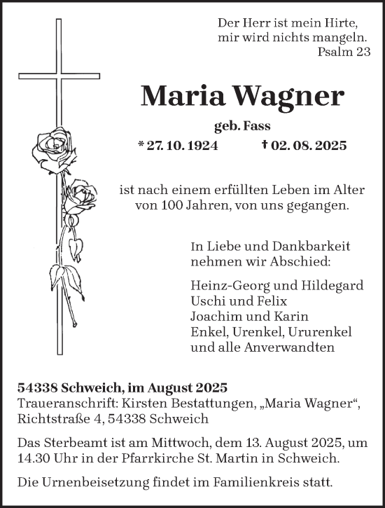 Traueranzeige von Maria Wagner von trierischer_volksfreund
