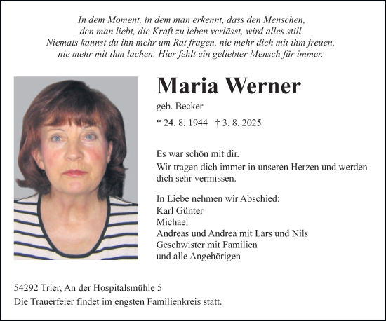 Traueranzeige von Maria Werner von trierischer_volksfreund