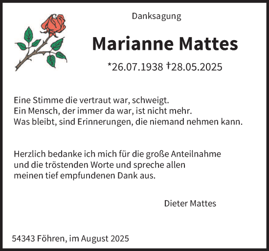 Traueranzeige von Marianne Mattes von trierischer_volksfreund