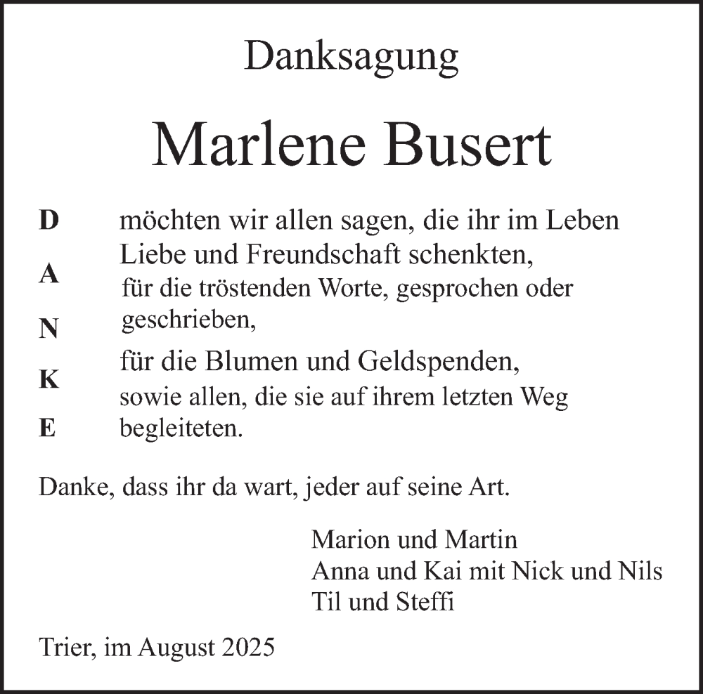  Traueranzeige für Marlene Busert vom 30.08.2025 aus trierischer_volksfreund