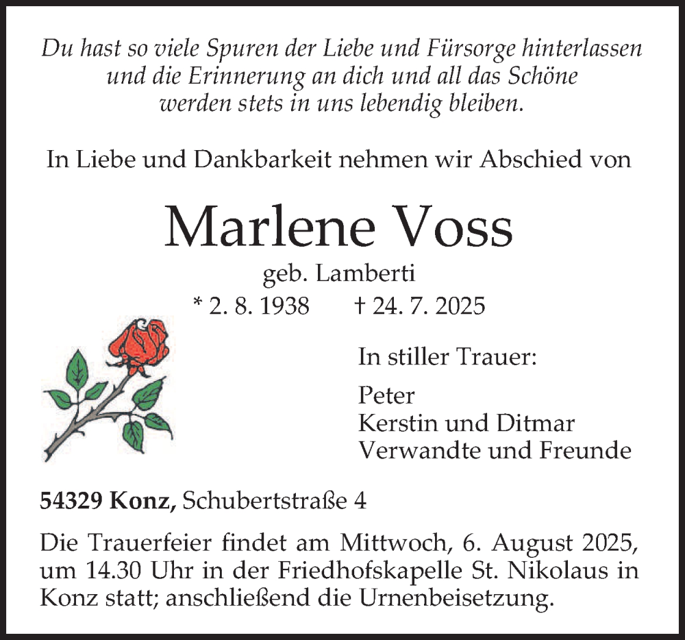  Traueranzeige für Marlene Voss vom 02.08.2025 aus trierischer_volksfreund