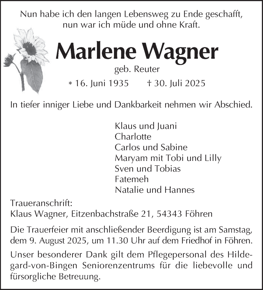  Traueranzeige für Marlene Wagner vom 02.08.2025 aus trierischer_volksfreund
