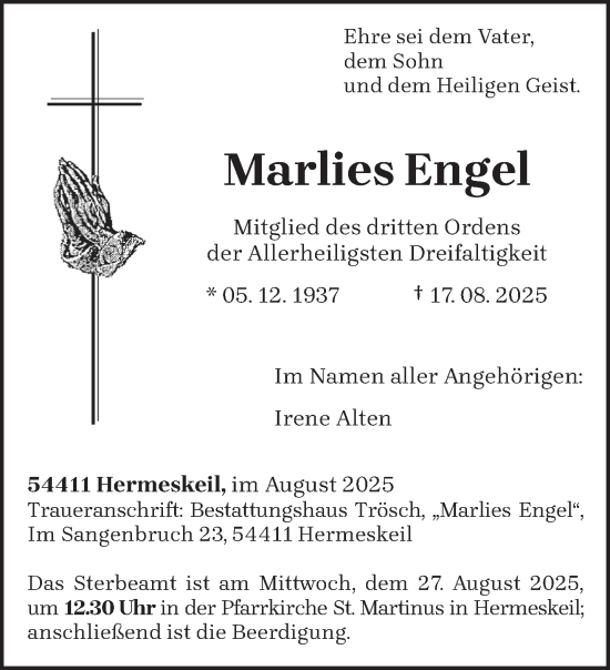 Traueranzeige von Marlies Engel von trierischer_volksfreund