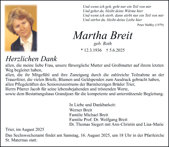 Traueranzeige von Martha Breit von trierischer_volksfreund