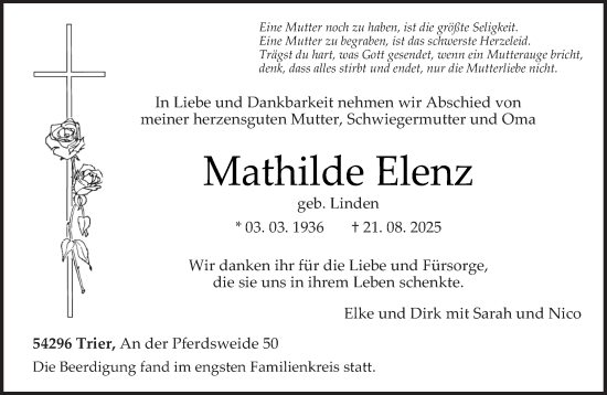 Traueranzeige von Mathilde Elenz von trierischer_volksfreund