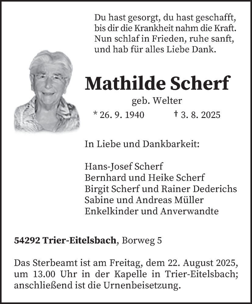  Traueranzeige für Mathilde Scherf vom 16.08.2025 aus trierischer_volksfreund