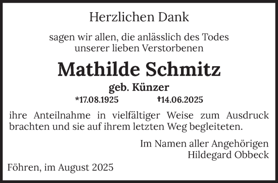 Traueranzeige von Mathilde Schmitz von trierischer_volksfreund