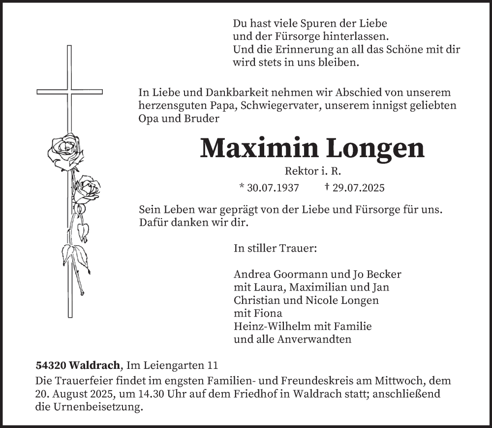  Traueranzeige für Maximin Longen vom 02.08.2025 aus trierischer_volksfreund